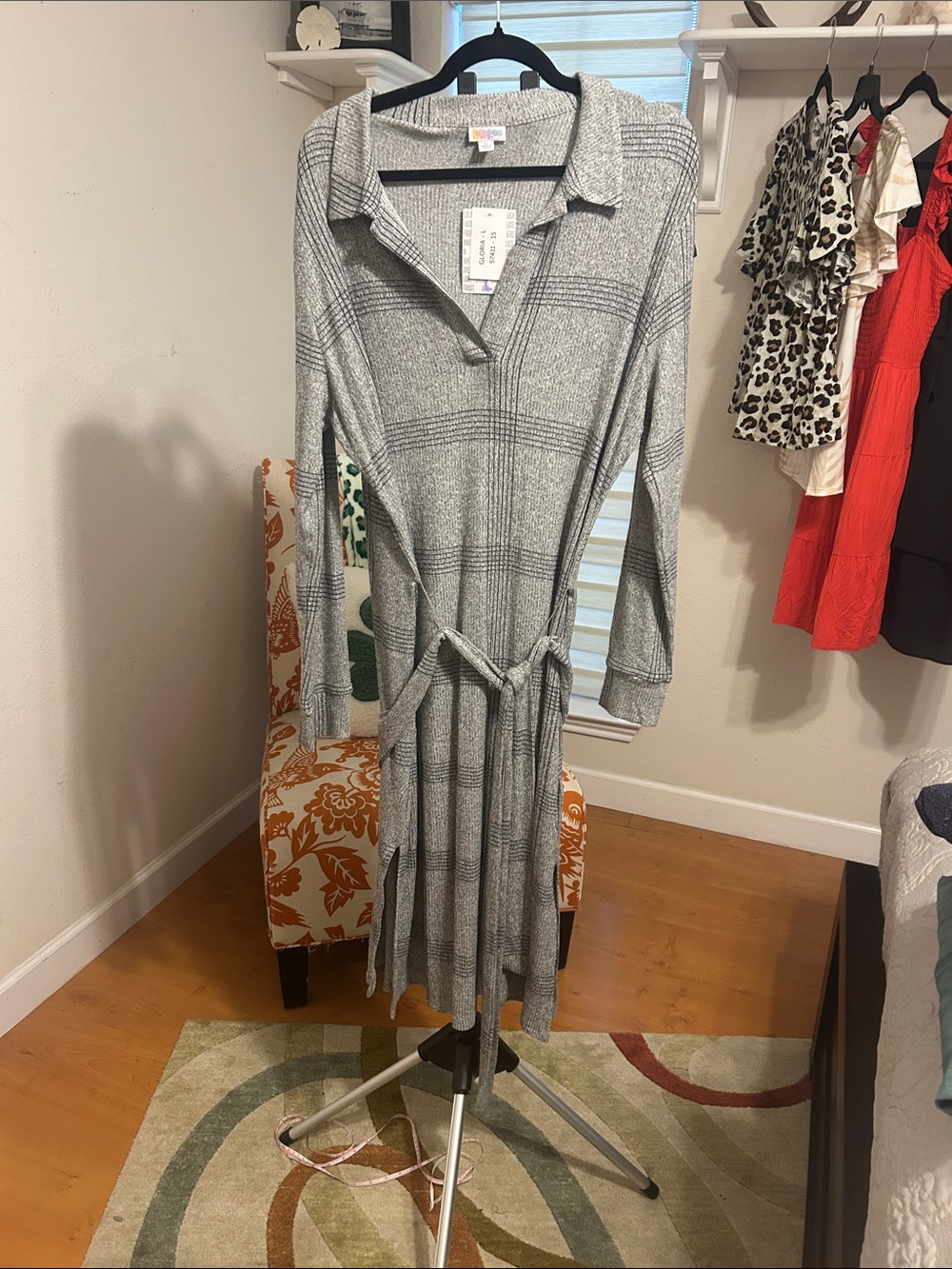 LuLaRoe Gloria Light Gray Plaid Collared Midi Dress with Tie Waist